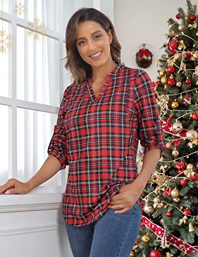 Joymom Maternity Rolled Long Sleeve Nursing Tops Tunic Blouses Breastfeeding - color: 1-3 Red Black Plaid, size: Medium