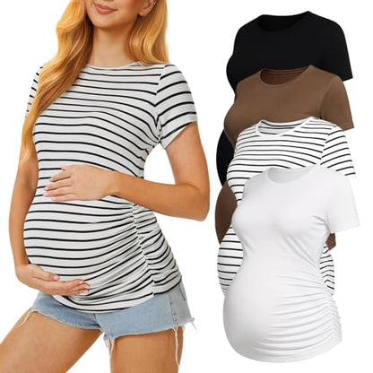 4 Pack Womens Maternity Shirts, Crew Neck Maternity Top Short Sleeve - color: Black/White/Brown/White Stripe, size: Medium