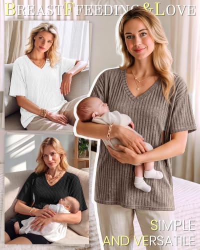 Huukeay 3 Pack Women's V Neck Nursing T-Shirts - color: Light Coffee, White, Black, size: X-Large