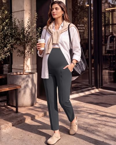 G4Free EverGoing Maternity Work Pants Tapered Ankle Pregnancy Trousers - color: Dark Gray, size: Medium