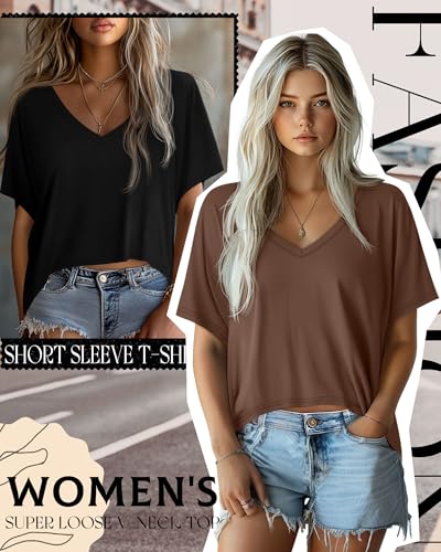Huukeay 3 Pack Women's Oversized V Neck T Shirts - color: Cream, Coffee, Black, size: Small