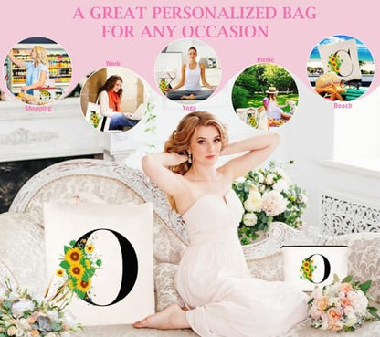 Andeiltech Initial Canvas Tote Bag Sunflower Letter Personalized Makeup Bag Monogrammed Gift for Bridesmaids Birthday Wedding - color: Sunflower Letter_o