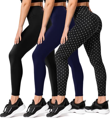 FULLSOFT 3 Pack Leggings for Women High Waisted Soft Black Yoga Pants for Workout Athletic Running Reg & Plus Size - color: Black, Navy Blue, Dog, size: Small-Medium