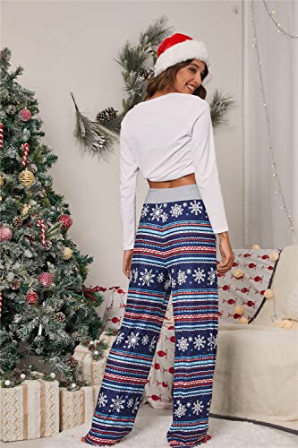 iChunhua Women's Comfy Stretch Floral Print Drawstring Palazzo Wide Leg Lounge Pant - color: Blue Snowflake, size: Small