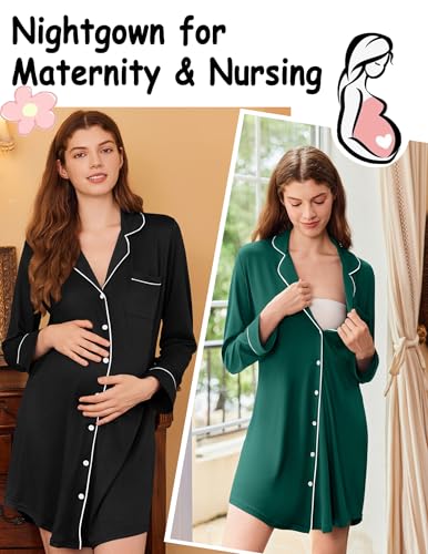 Ekouaer 2 Pack Nightgowns for Women Long Sleeve Button Down Sleep Shirt - color: Black/Green, size: Medium