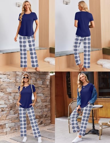 Ekouaer 3 Piece Maternity Nursing Pajamas Set Short Sleeve Breastfeeding Pjs - color: Navy Blue and White Plaid, size: Large
