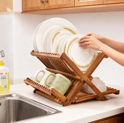 Utoplike Teak Dish Drying Rack Collapsible, Large Dishes Draine 3 Tier - size: 3 Tier-Standard