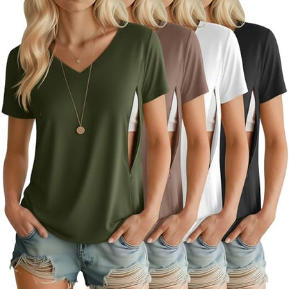 4 Pack Women's Nursing Maternity Shirts - color: Black, White, Coffee, Army Green, size: XX-Large