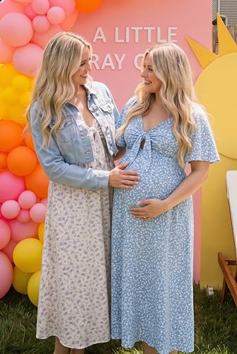 OUGES Women's V Neck Maternity Dress Baby Shower Midi Dresses with Pockets - color: Blue Floral, size: Small