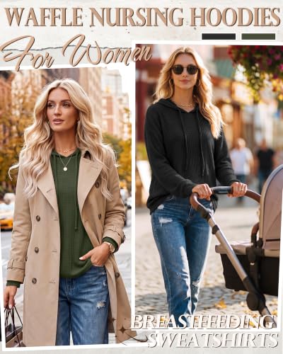 Ficerd 2 Pack Women's Nursing Waffle Hoodies Breastfeeding Tops - color: Army Green, Black, size: Small