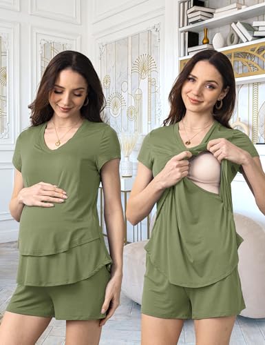 SUNNYBUY 3 PCS Maternity Breastfeeding Pajamas Set with Hidden Nursing Top - color: Army Green, size: Large