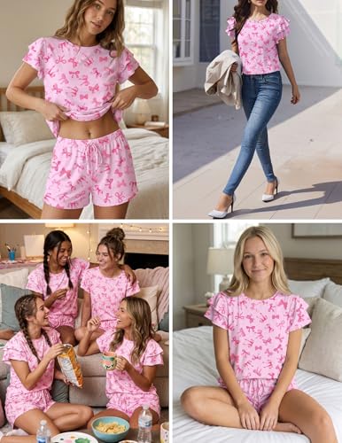 Ekouaer Womens Pajama Sets 2 Piece Ruffle Sleeves Top and Shorts Pjs - color: Bow, size: Medium