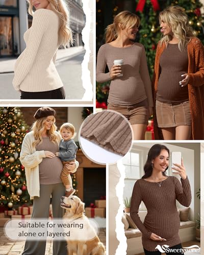 3 Pack Maternity Sweaters Long Sleeve Pregnancy Tops - color: Apricot, Khaki, Dark Brown, size: Medium