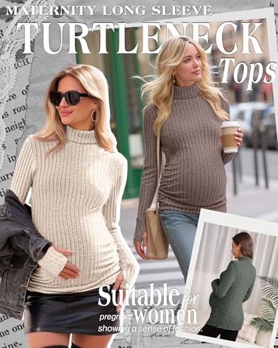 3 Pack Women's Maternity Turtleneck Tops - color: Army Green, Apricot, Coffee, size: Medium