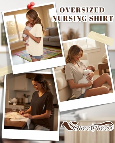 3 Pack Women's Oversize Nursing Shirts - color: Cream, Khaki, Dark Brown, size: Medium