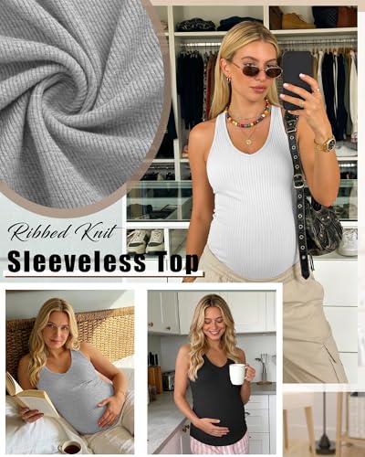 3 Pack Maternity Tank Tops Ribbed V Neck - color: Black, Light Gray, White, size: XX-Large