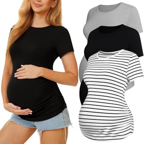 3 Pack Womens Maternity Shirts, Crew Neck Maternity Top Short Sleeve - color: Black/Light Grey/White Stripe, size: Medium