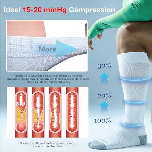 LEVSOX Bamboo Viscose Compression Socks Wide Calf 15-20 mmHg with Cushioned - color: Grey/White, size: Large