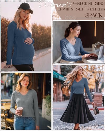 Huukeay 3 Pack Women's Waffle Knit Nursing Shirts - color: Light Blue, Light Gray, Haze Blue, size: Medium