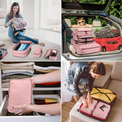 Lumesner 8 Set Compression Packing Cubes, Travel Suitcase Organizers - color: Pink