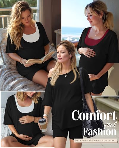2 Piece Women Maternity Set Pregnancy Outfit - color: Black, size: X-Large