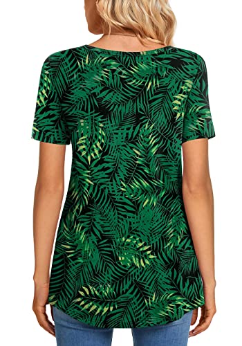 CATHY Womens Short Sleeve Tunic Tops Henley Shirt V Neck Button Up Blouse Casual Pleated Basic Pullover - color: Green Leaf-black, size: 3X-Large