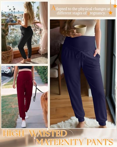 3 Pack Womens Maternity Pants Loose Pregnancy Joggers - color: Apricot, Dark Heather Gray, Black, size: Small