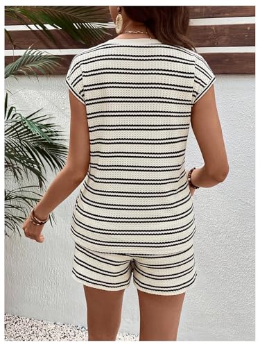 MakeMeChic Women Maternity Striped 2 Piece Short Sets - color: Black and Apricot, size: Small