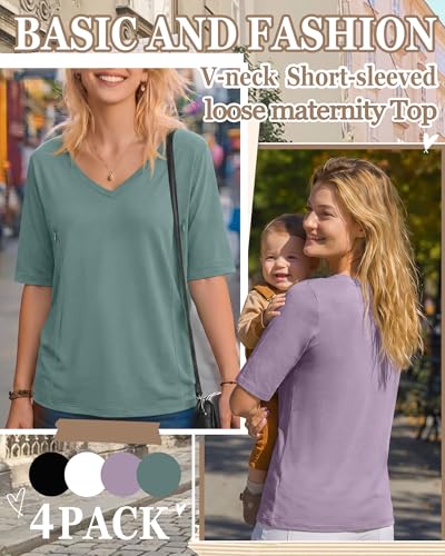 4 Pack Women Nursing Shirts Breastfeeding Tops - color: Gray Green, Taro Purple, White, Dark Gray, size: Medium
