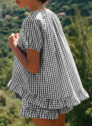 BLENCOT Maternity Clothes 2 PCS Gingham Cotton Pregnancy Pajamas Short Sets - color: Black, size: Medium
