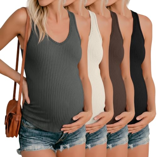 Neer 4 Pack Maternity Ribbed Tank Tops - color: Dark Gray, Cream, Coffee, Black, size: Small