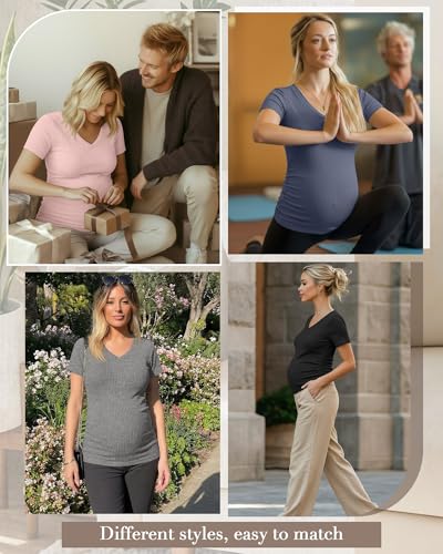 Neer 4 Pack Women's Maternity Shirts Short Sleeve - color: Black, Light Heather Gray, Light Blue, Light Pink, size: X-Large