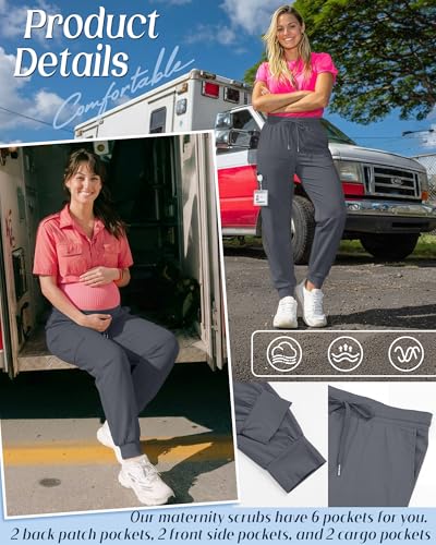 Xaatren Women's Maternity Scrub Joggers Pants with 6 Pockets - color: Dark Gray, size: Medium