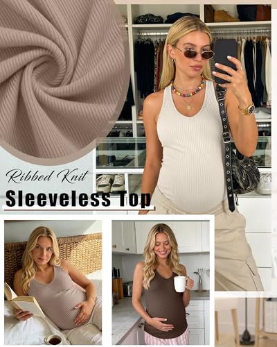 3 Pack Maternity Tank Tops Ribbed V Neck - color: Cream, Khaki, Coffee, size: Small