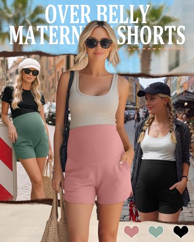 3 Pack Women's Maternity Shorts - color: Black, Gray Green, Gray Pink, size: Small