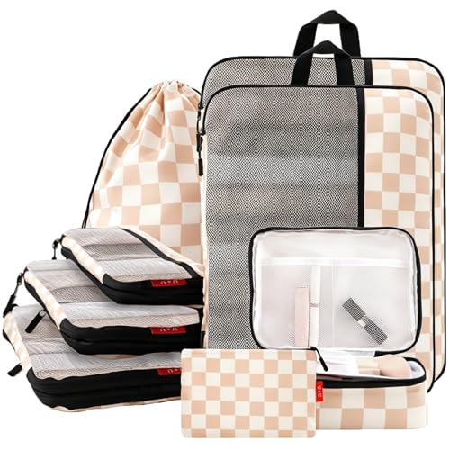 U+U 8 Set Compression Packing Cubes - Ultralight Travel Organizers - color: Khaki Checkered, size: 8 Set