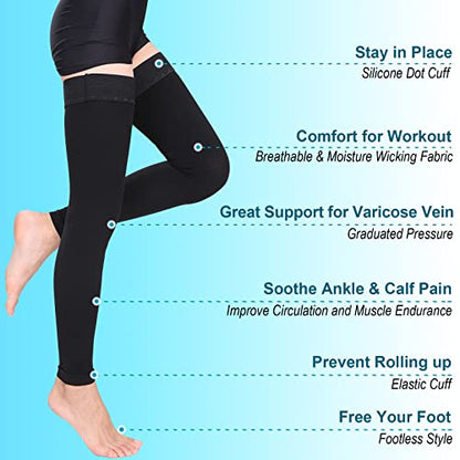 Footless Thigh High Medical Compression Stockings for Women & Men - color: Footless Black, size: Large
