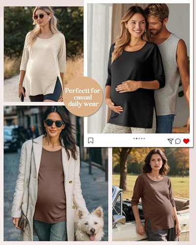 3 Pack Women's 3/4 Sleeve Maternity Loose Crewneck Tops - color: Cream, Coffee Gray, Black, size: Large