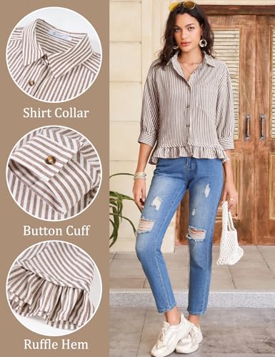 Flygo Womens Striped Button Down Shirts Cropped 3/4 Sleeve Ruffled Blouses - color: Coffee, size: Large