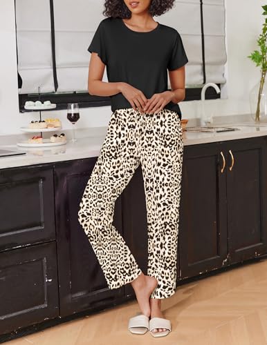 Ekouaer 2 Pack Womens Pajama Set Short Sleeve Top and Printed Pants Soft Pj - color: Black Striped/Black Leopard, size: Small