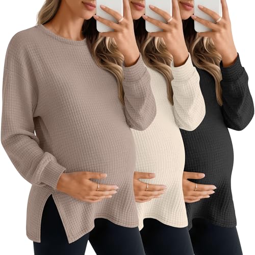 3 Pack Women's Maternity Waffle Knit Shirts - color: Khaki, Apricot, Black, size: Large