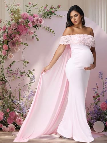 Maternity Mesh Off Shoulder Chiffon Cloak Maxi Photoshoot Dress - color: Pink-a, size: Medium
