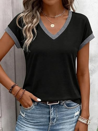 Flamingals Womens Short Sleeve V Neck Summer Tops - color: Black, size: Small