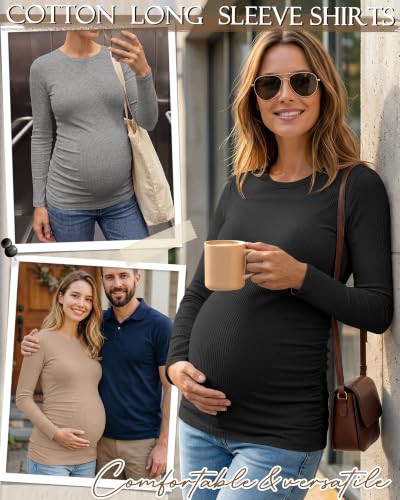 Ficerd 4 Pack Women's Maternity Shirts Long Sleeve Pregnancy Top - color: Black, Light Heather Gray, Khaki, White, size: Medium