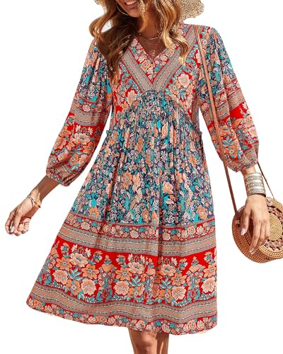 BTFBM Women's Casual Floral Long Sleeve Mini Dress - color: Floral Blue, size: X-Large