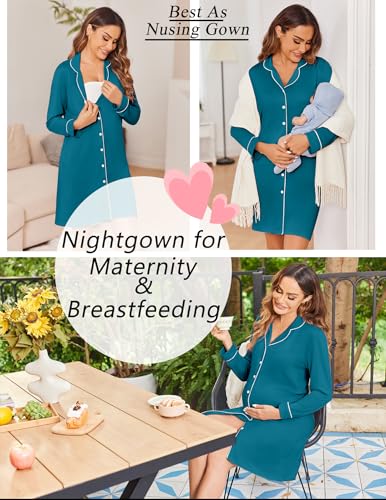 Ekouaer Womens Nightgown Long Sleeve Nightshirt Soft Button Down Sleepshirt - color: Blue Green, size: Small