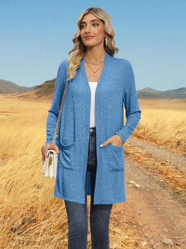 DB MOON Women Lightweight Cardigan Long Sleeve Sweater Open Front Outfits - color: Blue, size: Medium