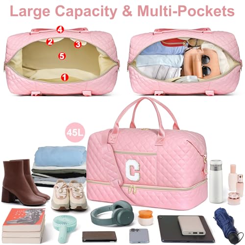 Graduation Gift for Her, Quilted Initial Travel Bag with Shoe Compartment - color: Pink, style: C