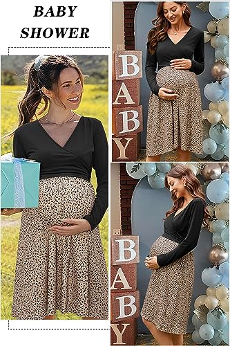 OUGES Women's Nursing Breastfeeding Pocket Fall Baby Shower Maternity Dress - color: Black Khaki Floral Leopard, size: Small