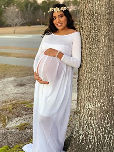 YnimioAOX Maternity Photoshoot Dress Off Shoulder Long Sleeve - color: White